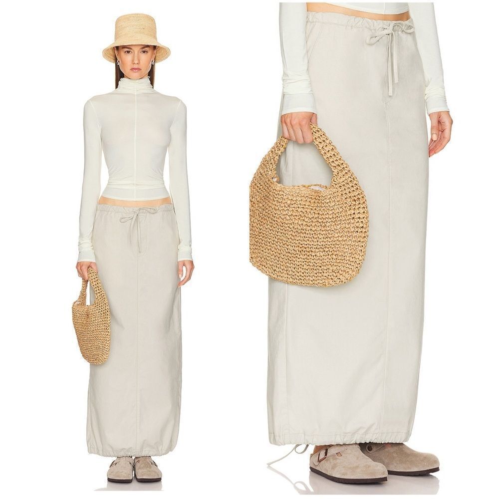 NEW Helsa Workwear Drawcord Maxi Skirt in Ecru/Grey